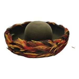 Vintage Mr John Classic Olive Green Wool Felt Feather Trim Pillbox Hat New‎ York